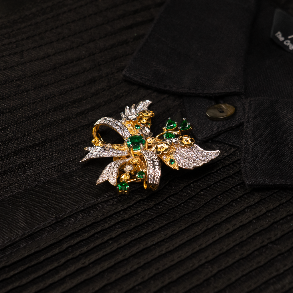 Victorian Style Brooch with CZ and Green Stone Button