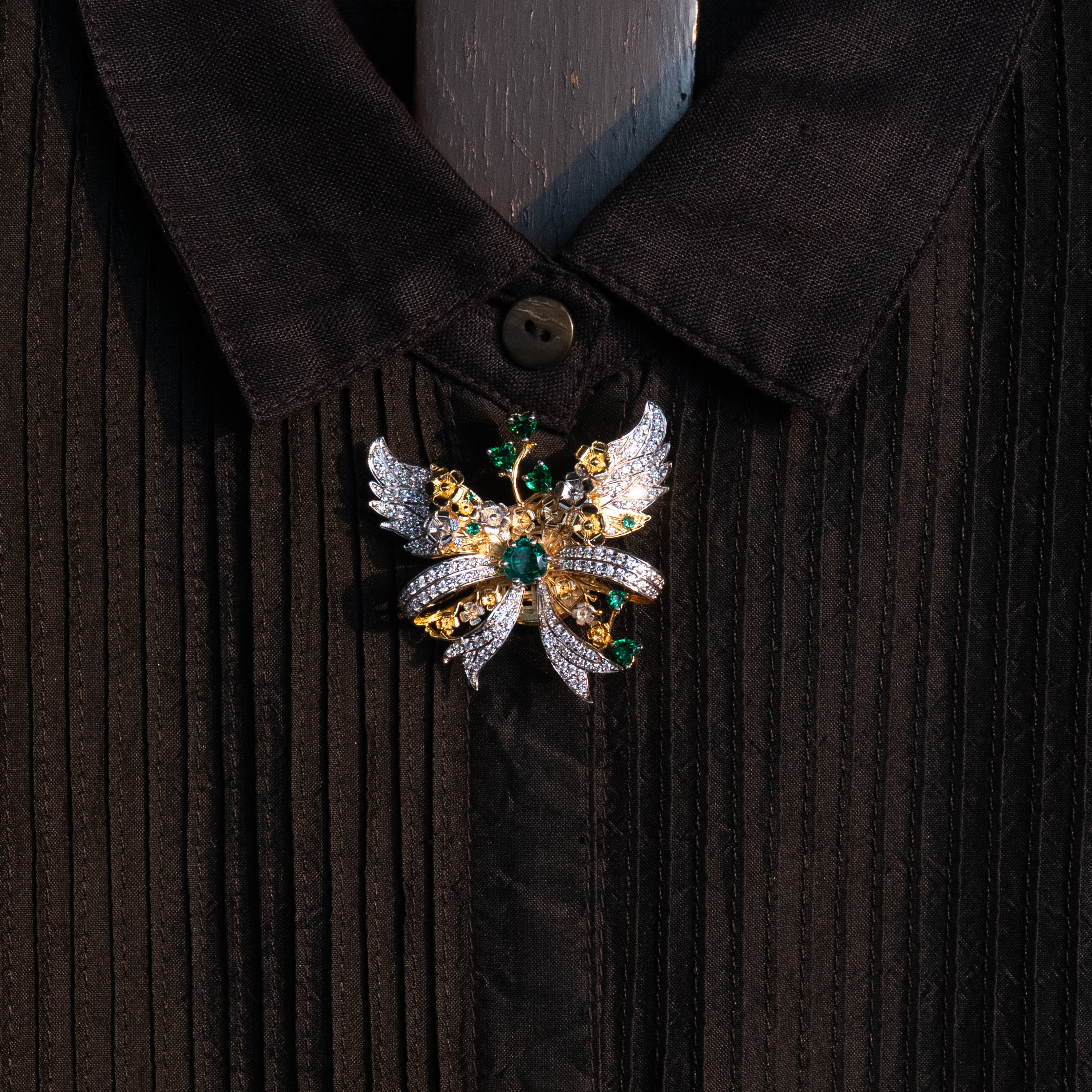 Victorian Style Brooch with CZ and Green Stone Button