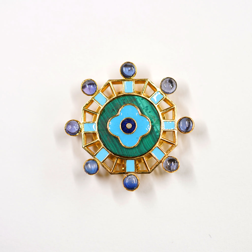 Malachite Plate with Clover Enamel Flower & Tanzanite Beads Shirt Button
