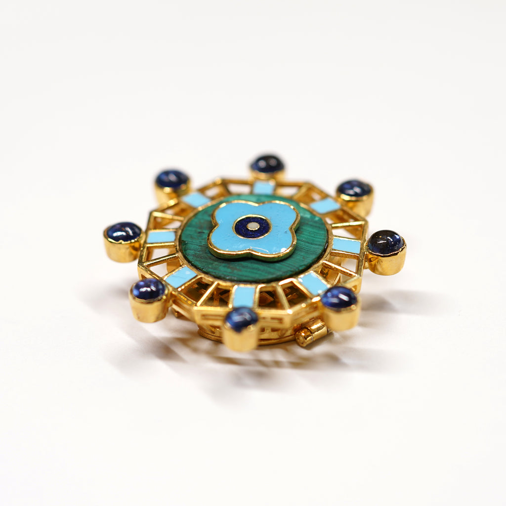 Malachite Plate with Clover Enamel Flower & Tanzanite Beads Shirt Button