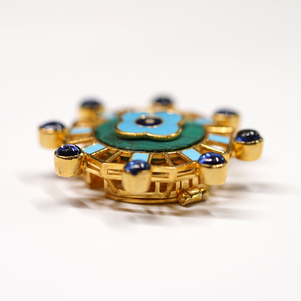 Malachite Plate with Clover Enamel Flower & Tanzanite Beads Shirt Button