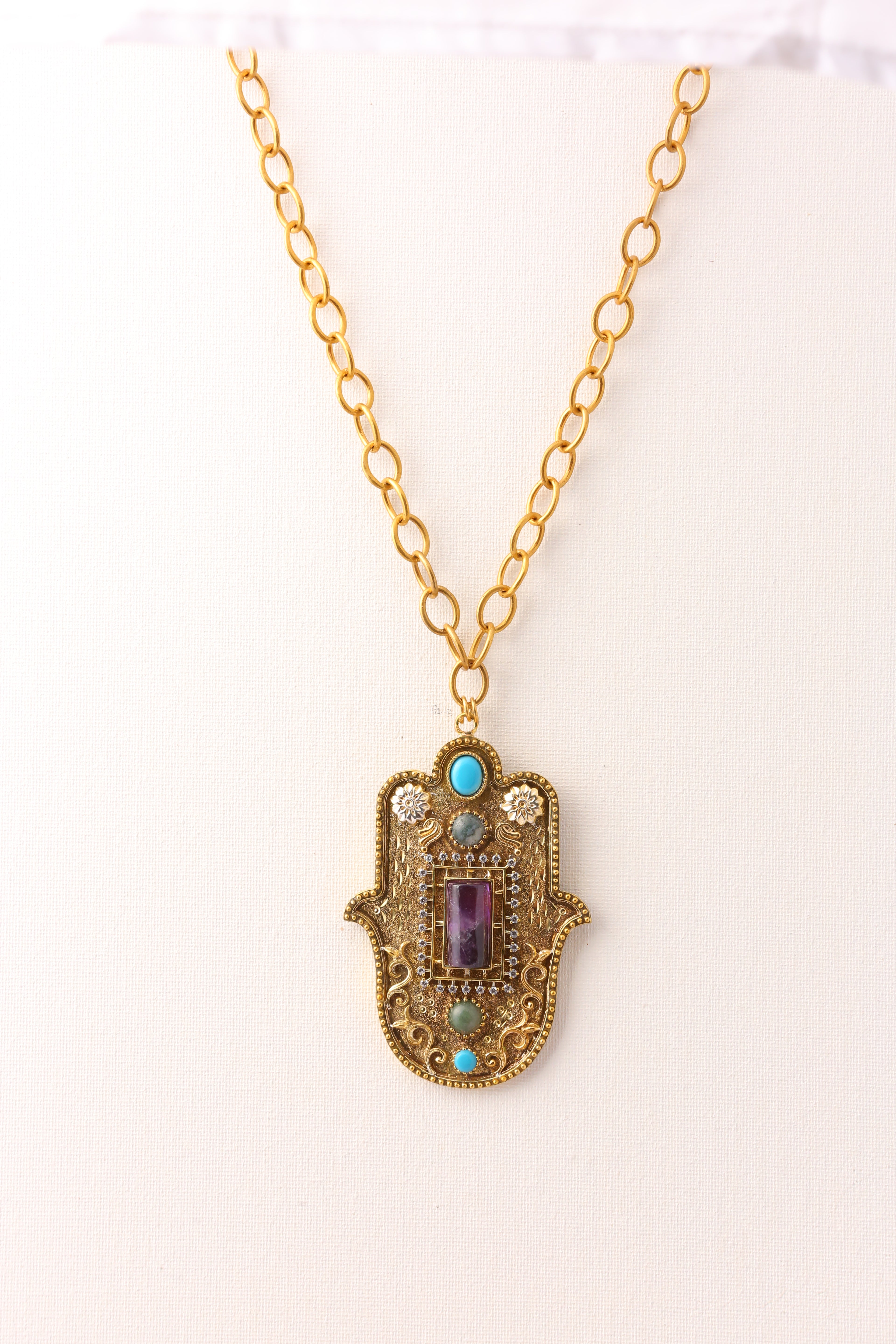 Amethyst - Turquoise Green Jasper Big Hamsa Pendant