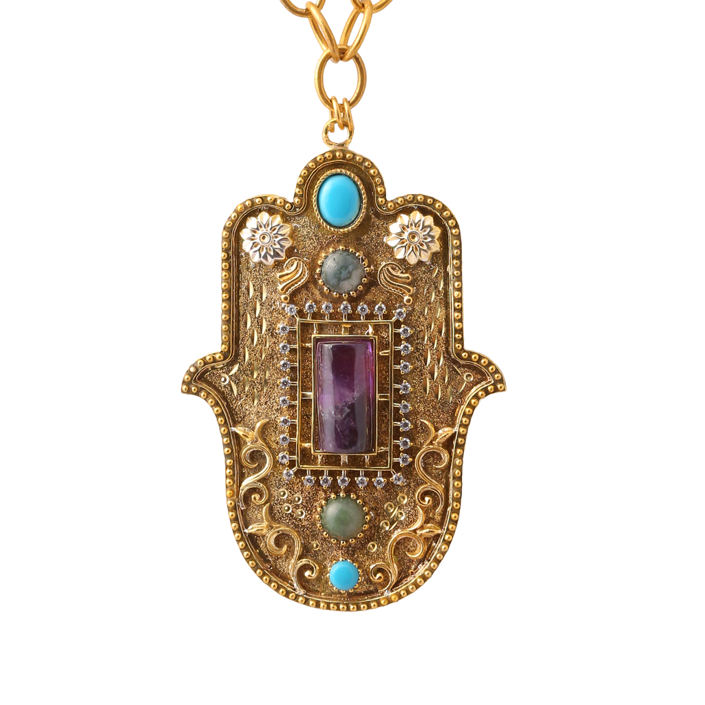Amethyst - Turquoise Green Jasper Big Hamsa Pendant