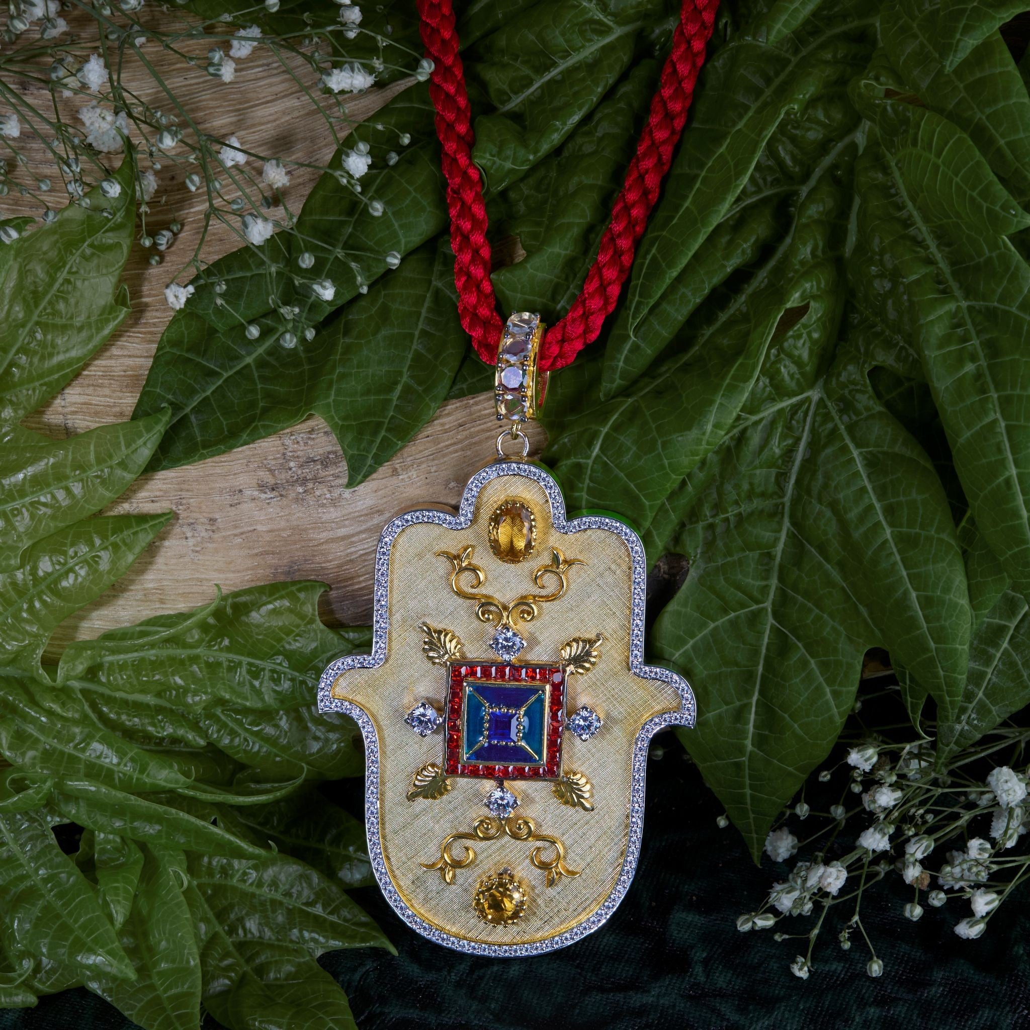 Multi Sapphire Stone Madala Big Hamsa Pendant