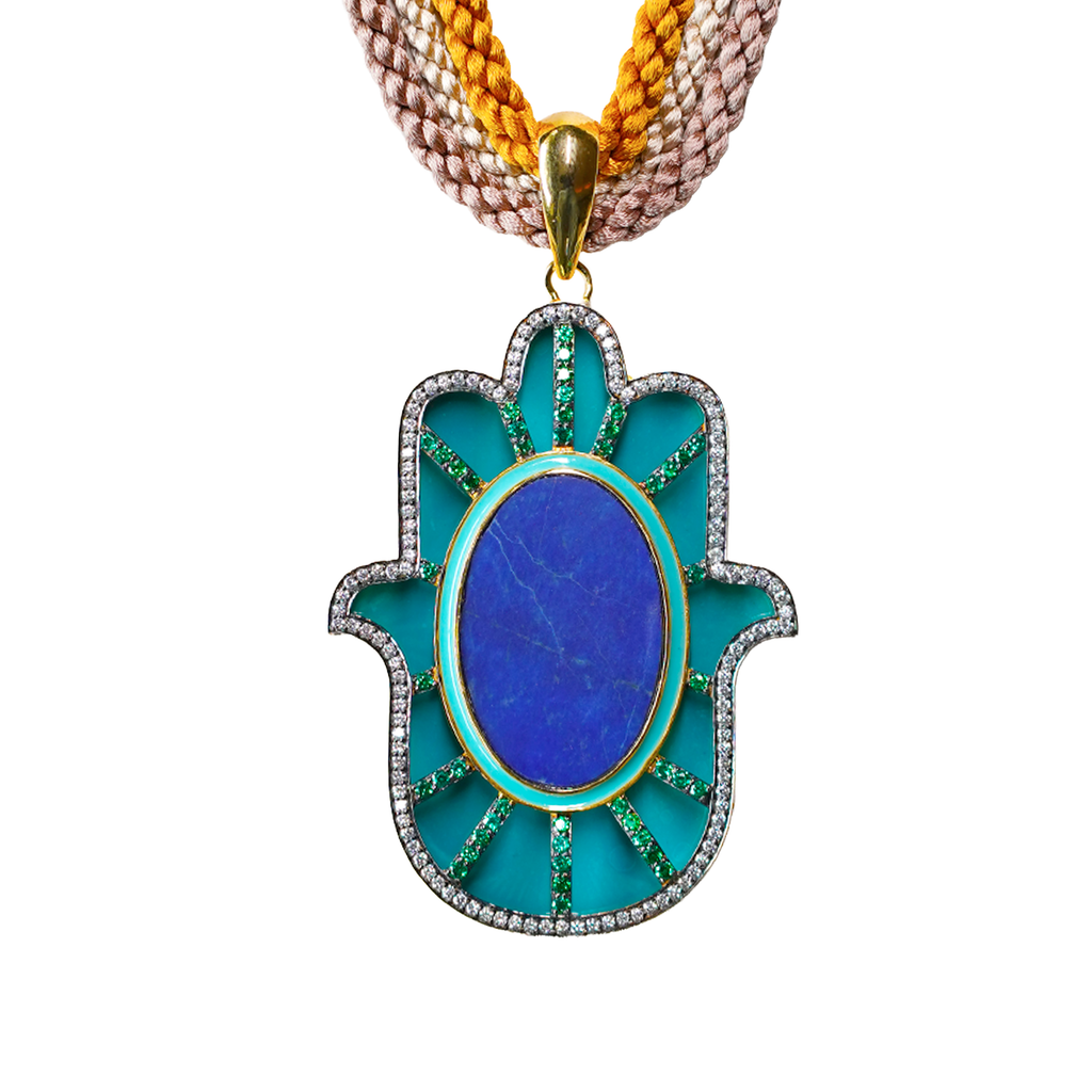 Lapis Lazuli Clover Medium Hamsa Pendant