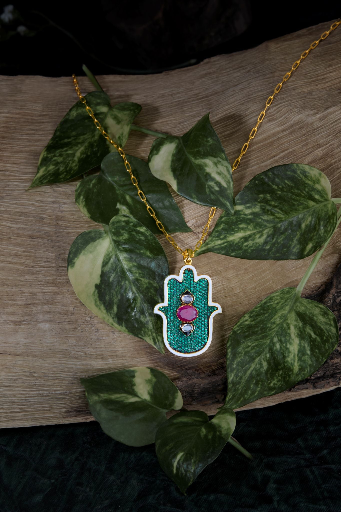 Ruby & White Uncut CZ with Green CZ-Studded Small Hamsa Pendent