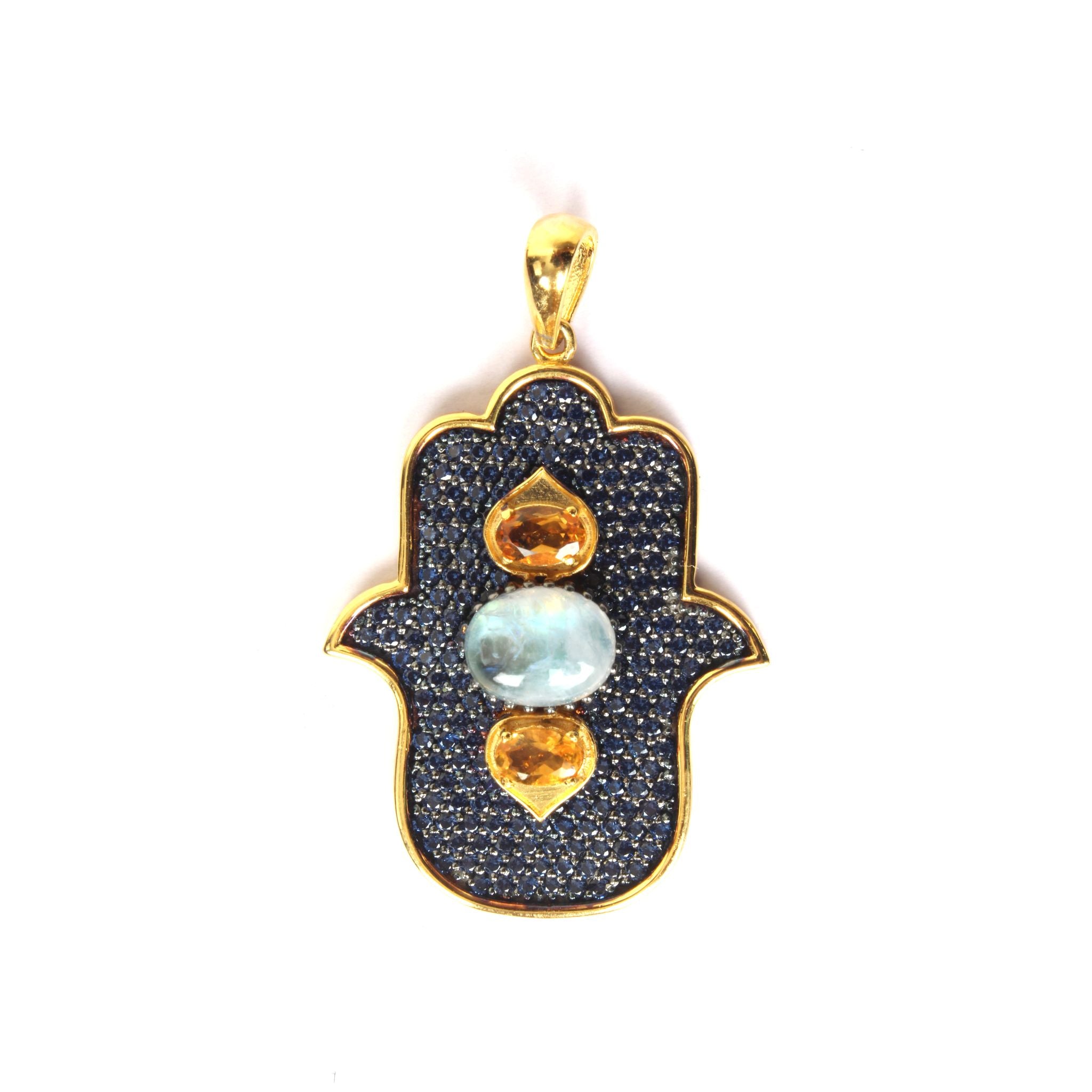 Gold Hamsa Pendant with Rainbow Moonstone & Citrine Small Hamsa Pendent