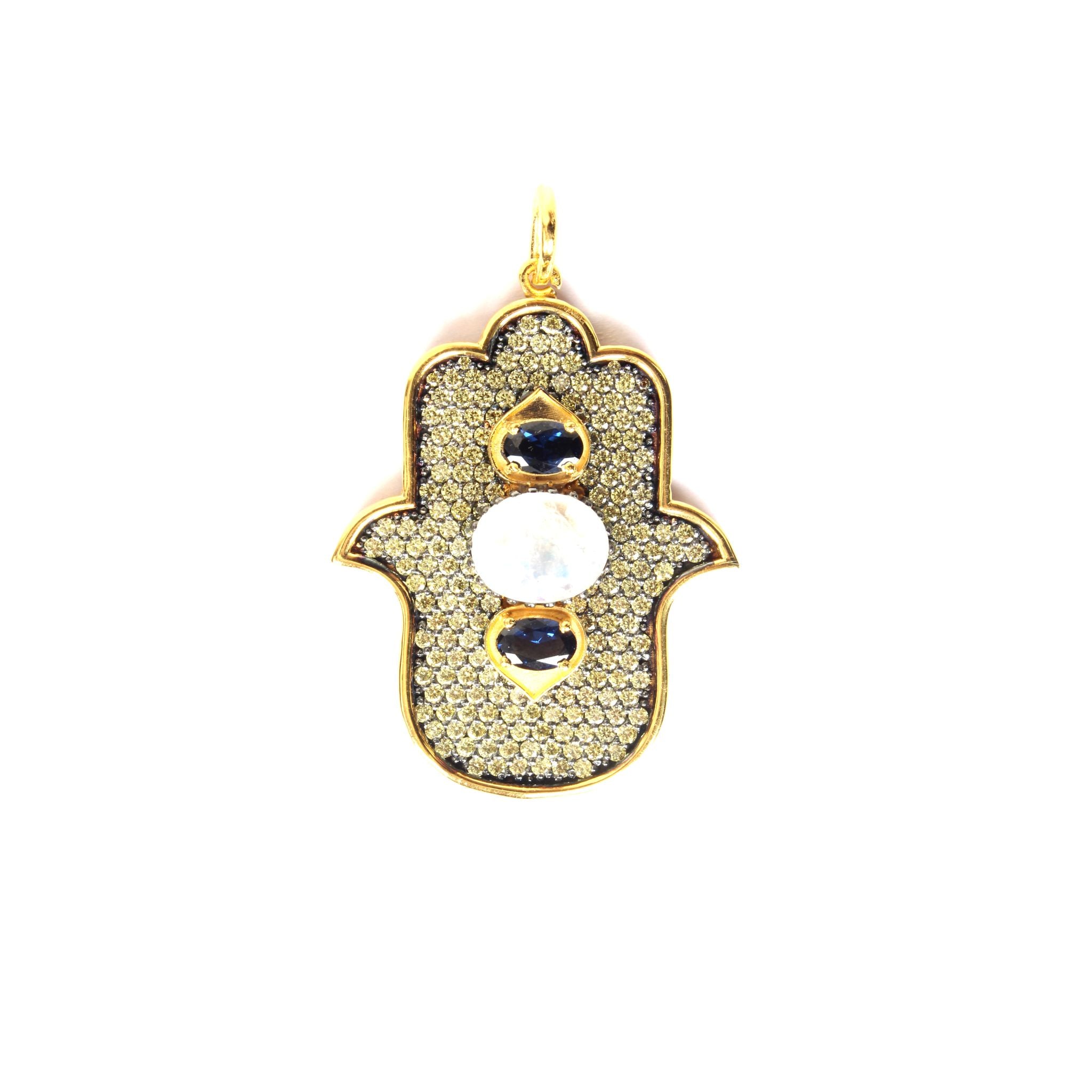 Gold Hamsa Pendant with Moonstone  & Blue Sapphire Small Hamsa Pendent