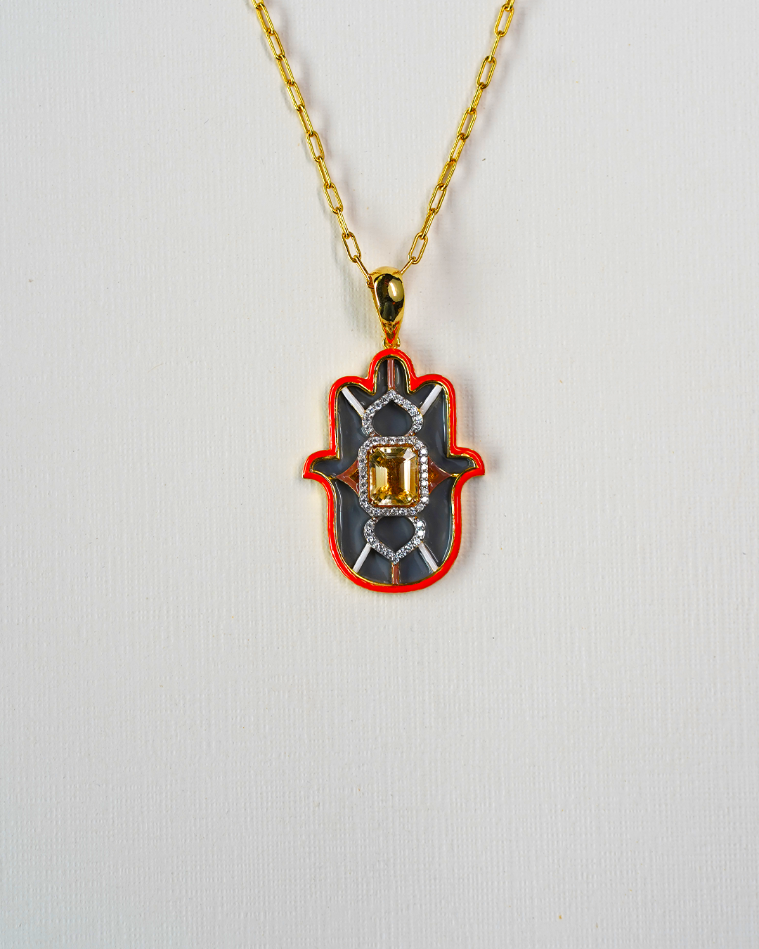 Ruby with CZ Halo & Multicolor Enamel Small Hamsa Pendent