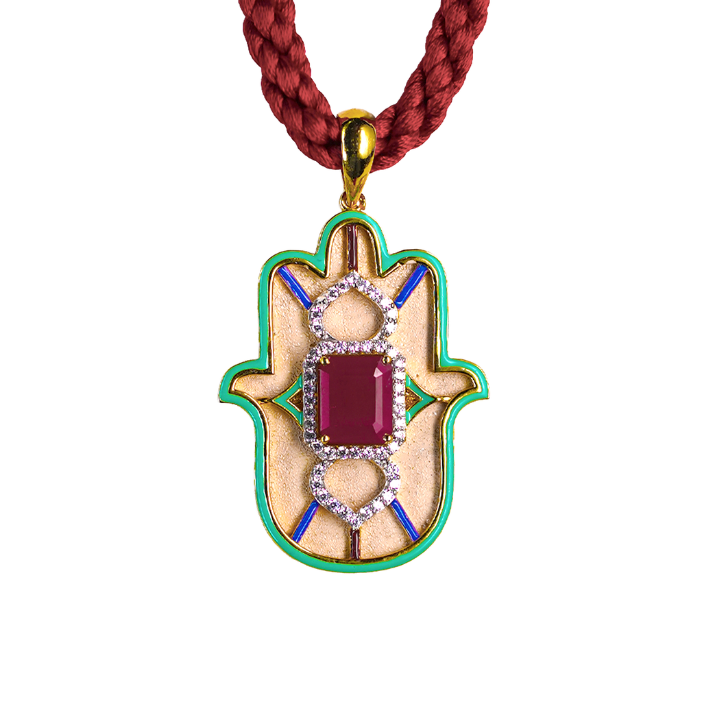 Ruby with CZ Halo & Multicolor Enamel Small Hamsa Pendent