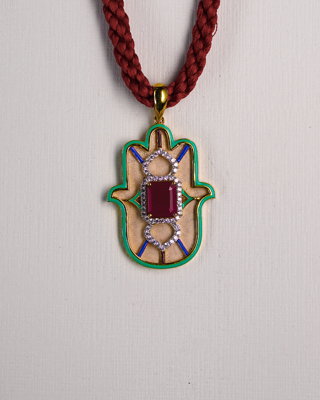 Ruby with CZ Halo & Multicolor Enamel Small Hamsa Pendent