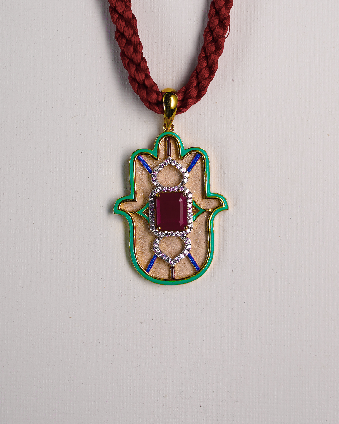 Ruby with CZ Halo & Multicolor Enamel Small Hamsa Pendent