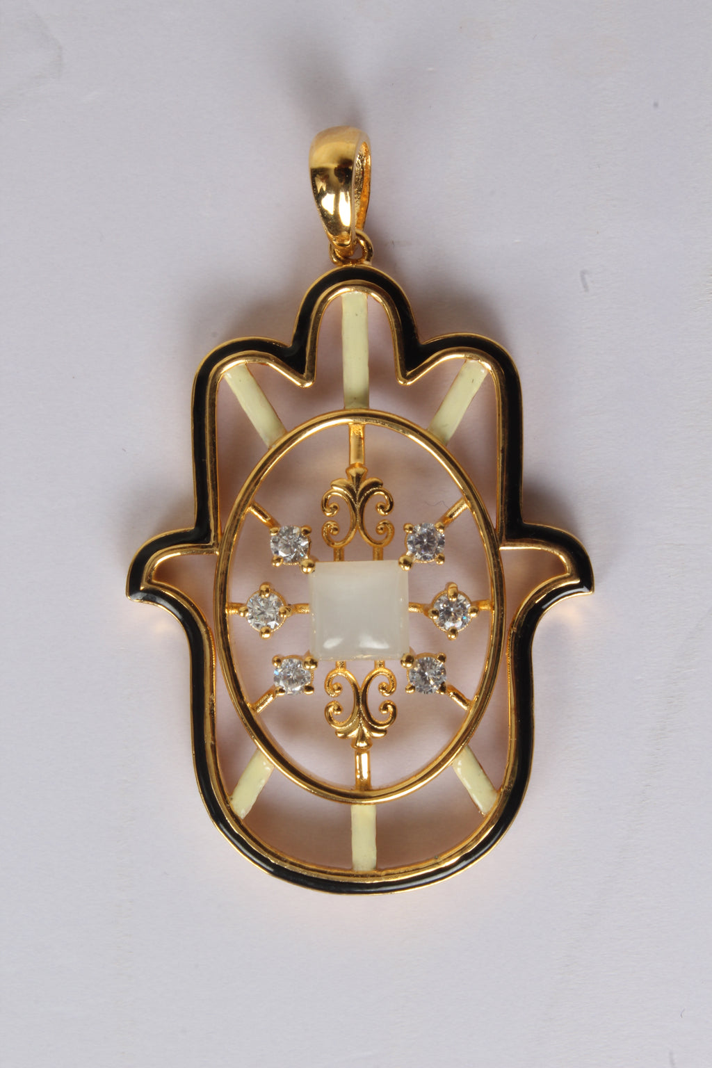 Gold Small Hamsa Pendent with Citrin CZ, Pearl & Enamel