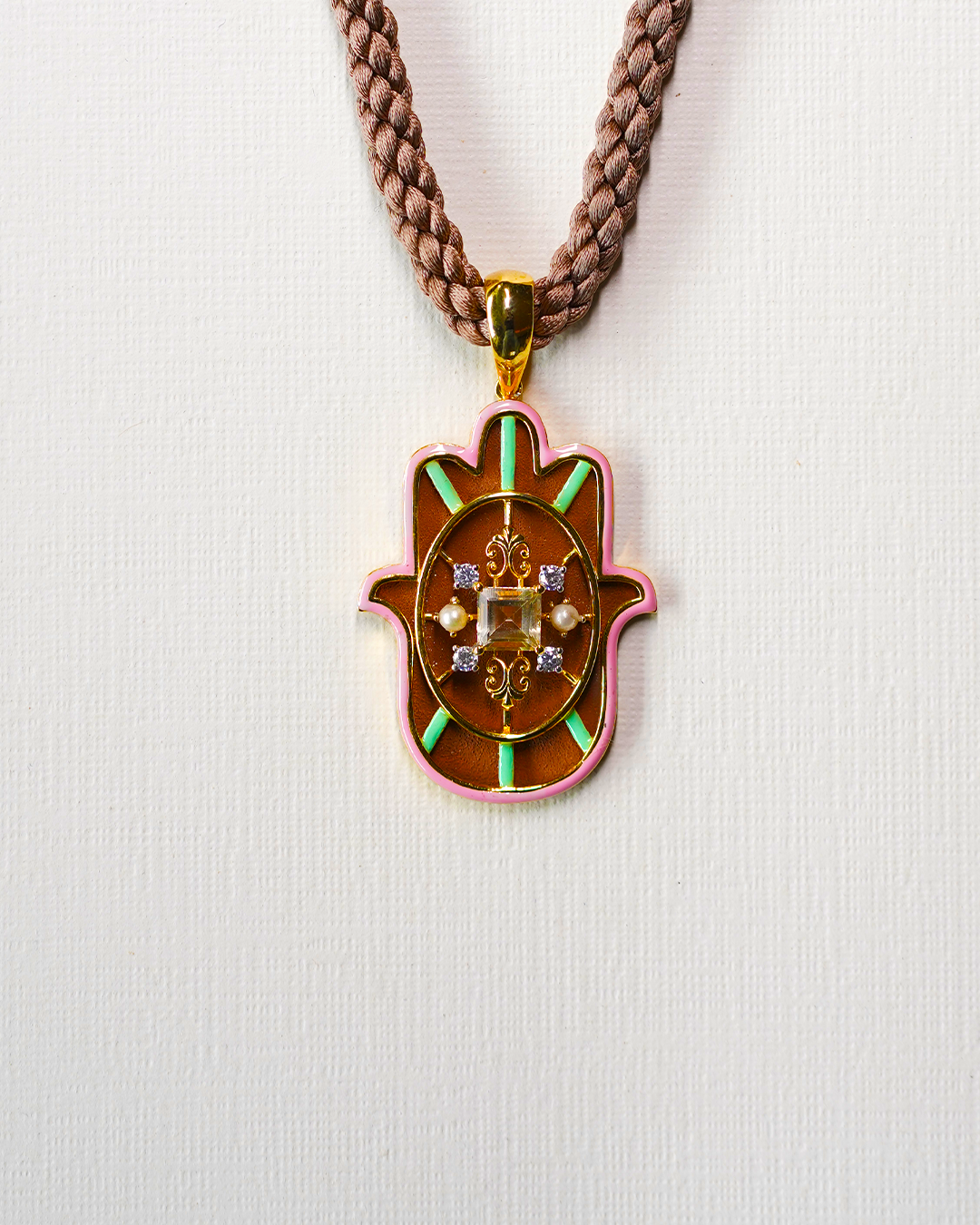 Gold Small Hamsa Pendent with Crystals & Pearls