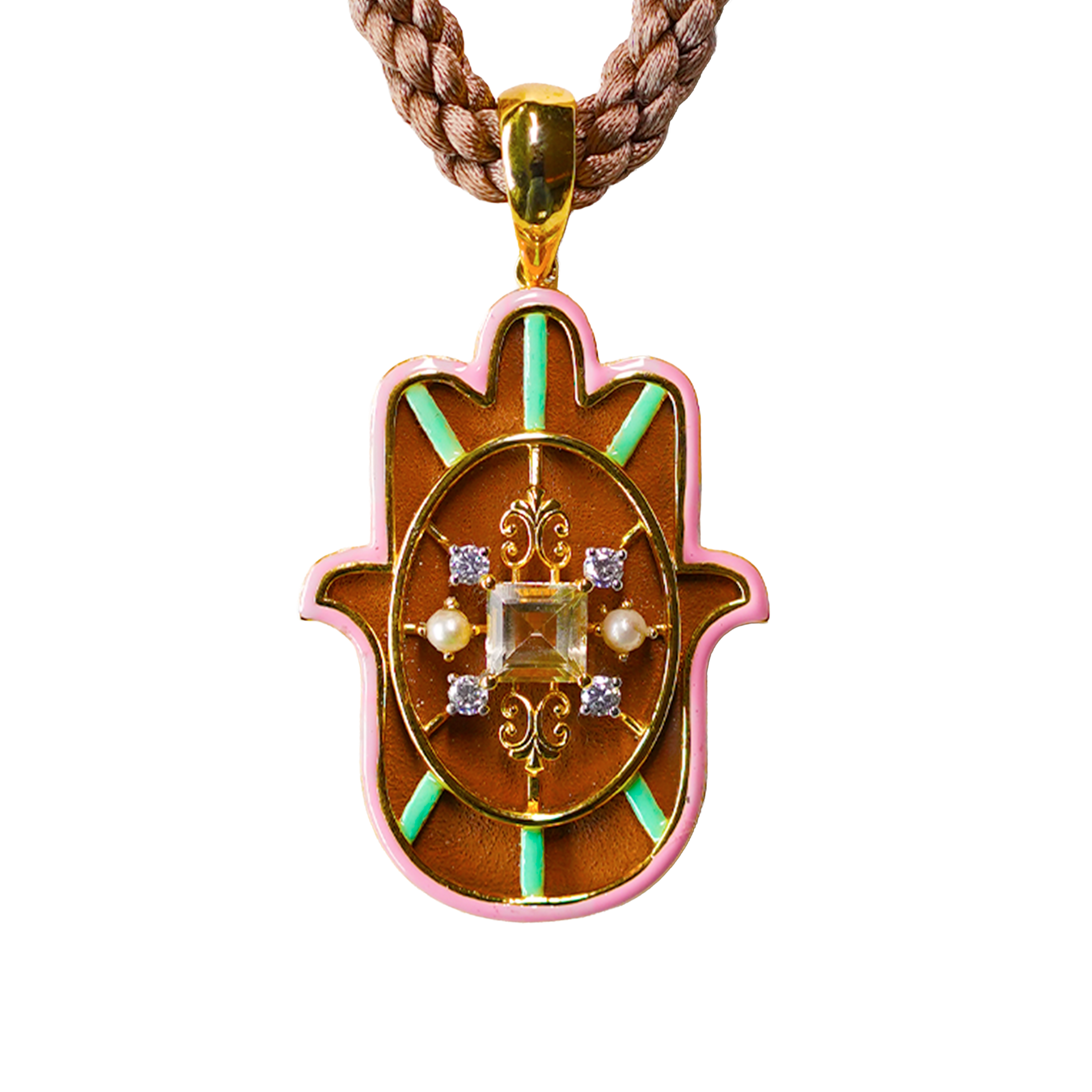 Gold Small Hamsa Pendent with Crystals & Pearls