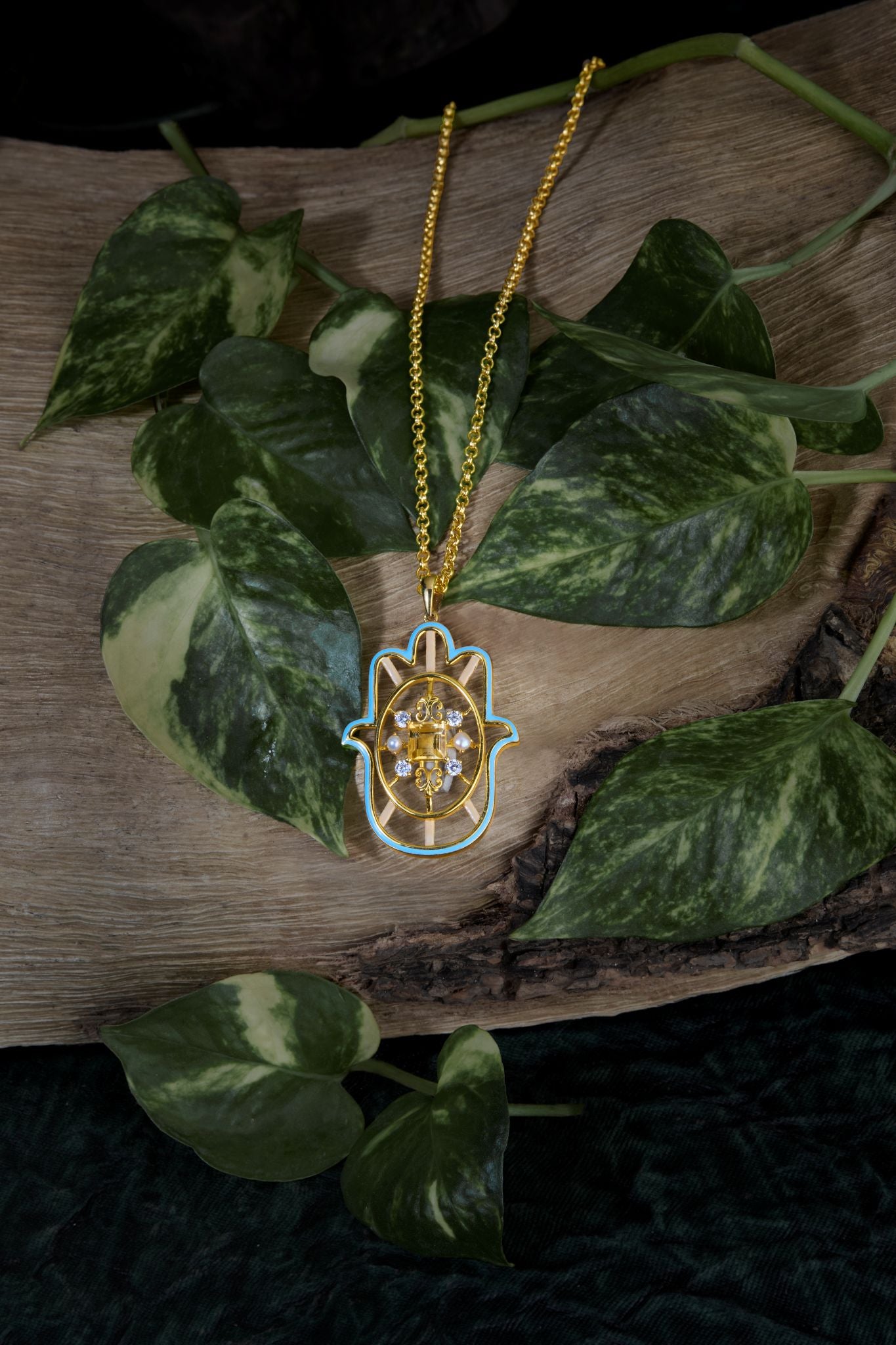 Gold Small Hamsa Pendent with Citrin CZ, Pearl & Enamel