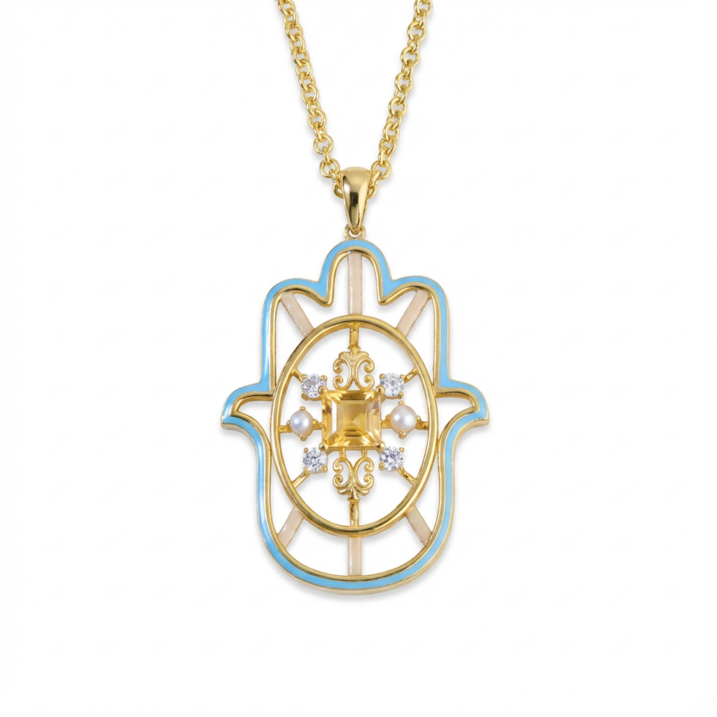 Gold Small Hamsa Pendent with Citrin CZ, Pearl & Enamel