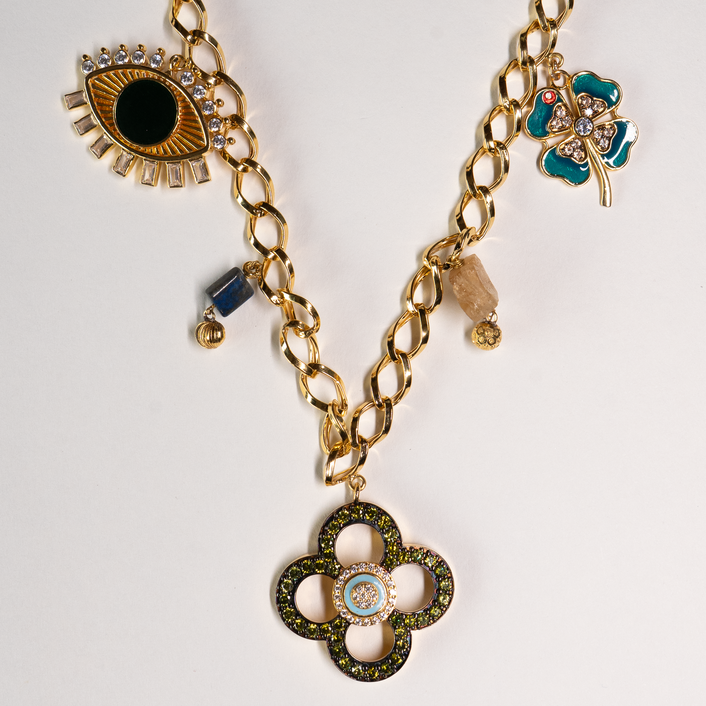 Enamel Evil Eye & Clover Charm Necklace