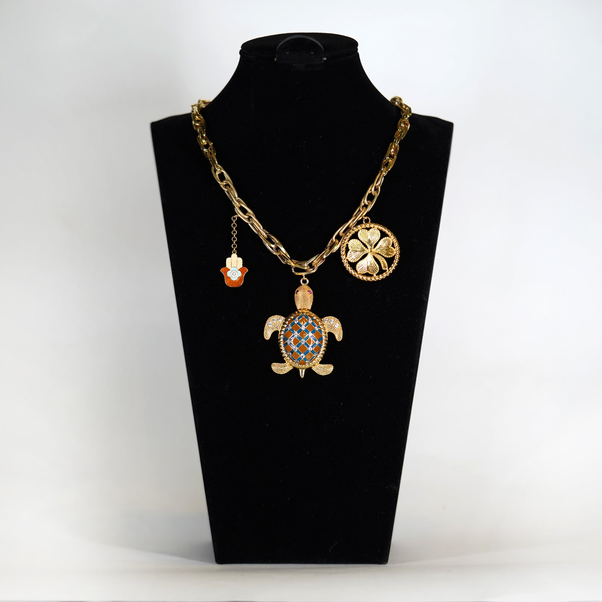 Turtle, Hamsa & Clover Charm Necklace in Silver Gold Polish