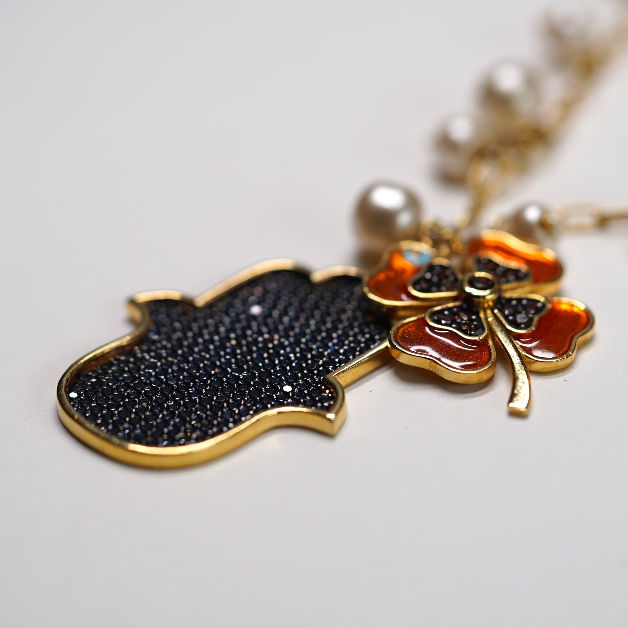 Hamsa Pendant with Enamel Clover, Pearl Drops Necklace