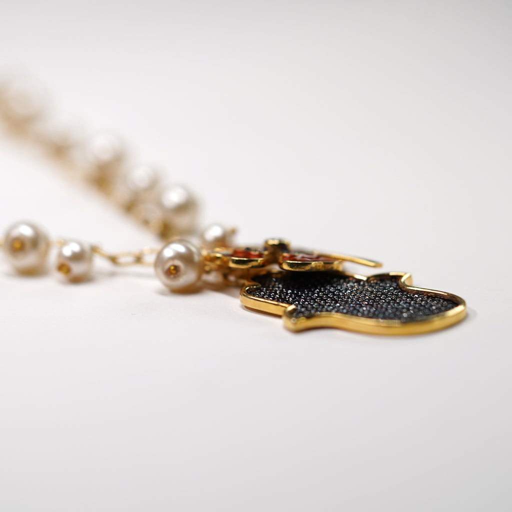 Hamsa Pendant with Enamel Clover, Pearl Drops Necklace
