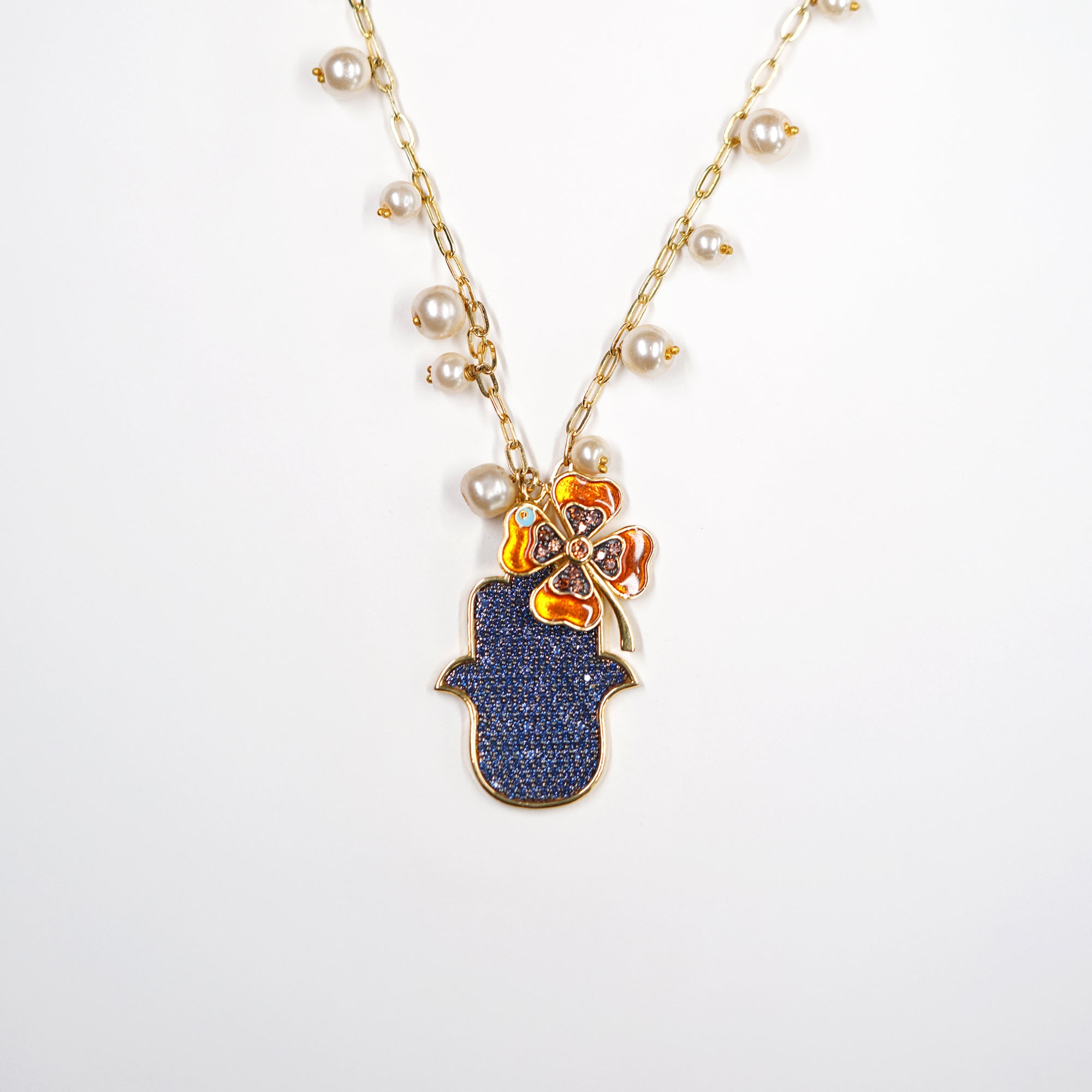 Hamsa Pendant with Enamel Clover, Pearl Drops Necklace