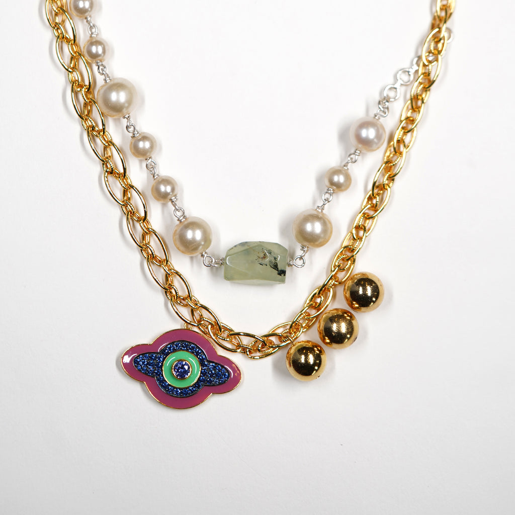 Dual-Layer Evil Eye with Jade, Pearls Necklace