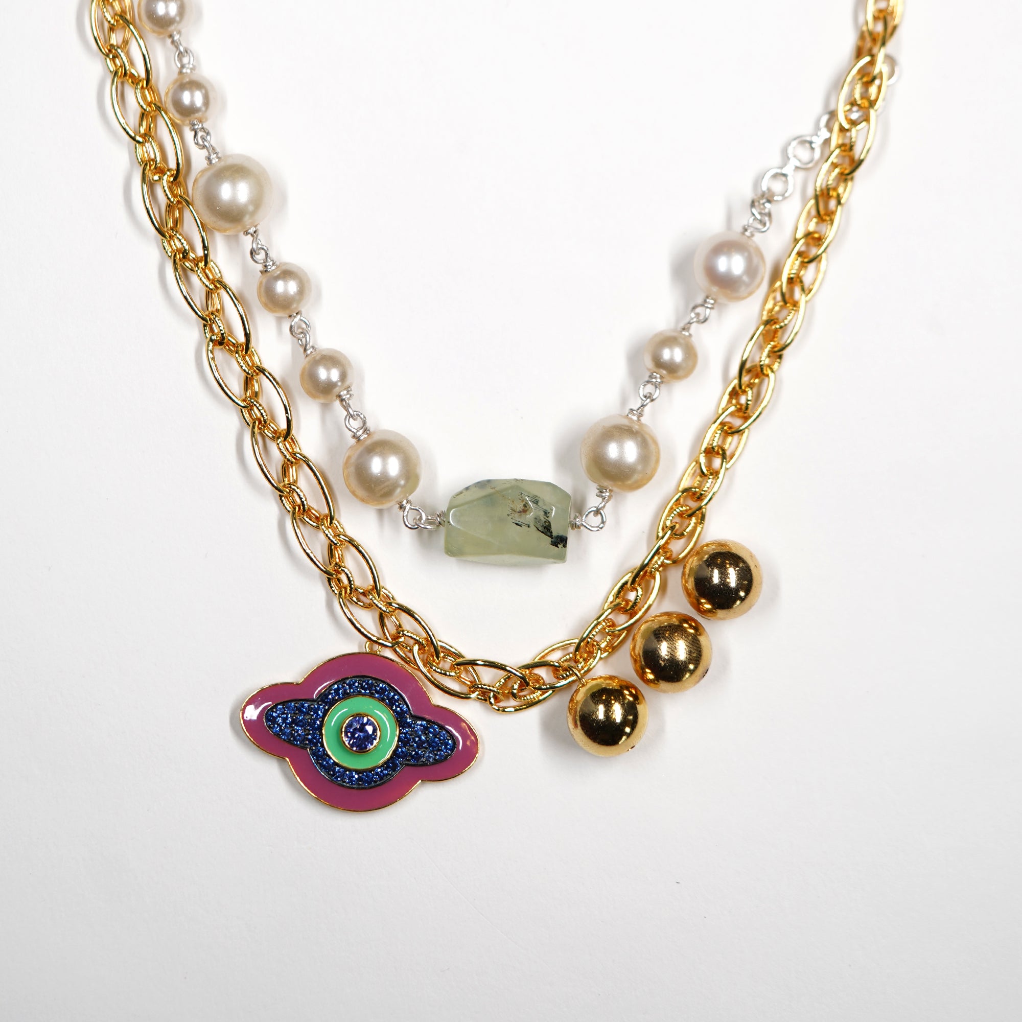Dual-Layer Evil Eye with Jade, Pearls Necklace