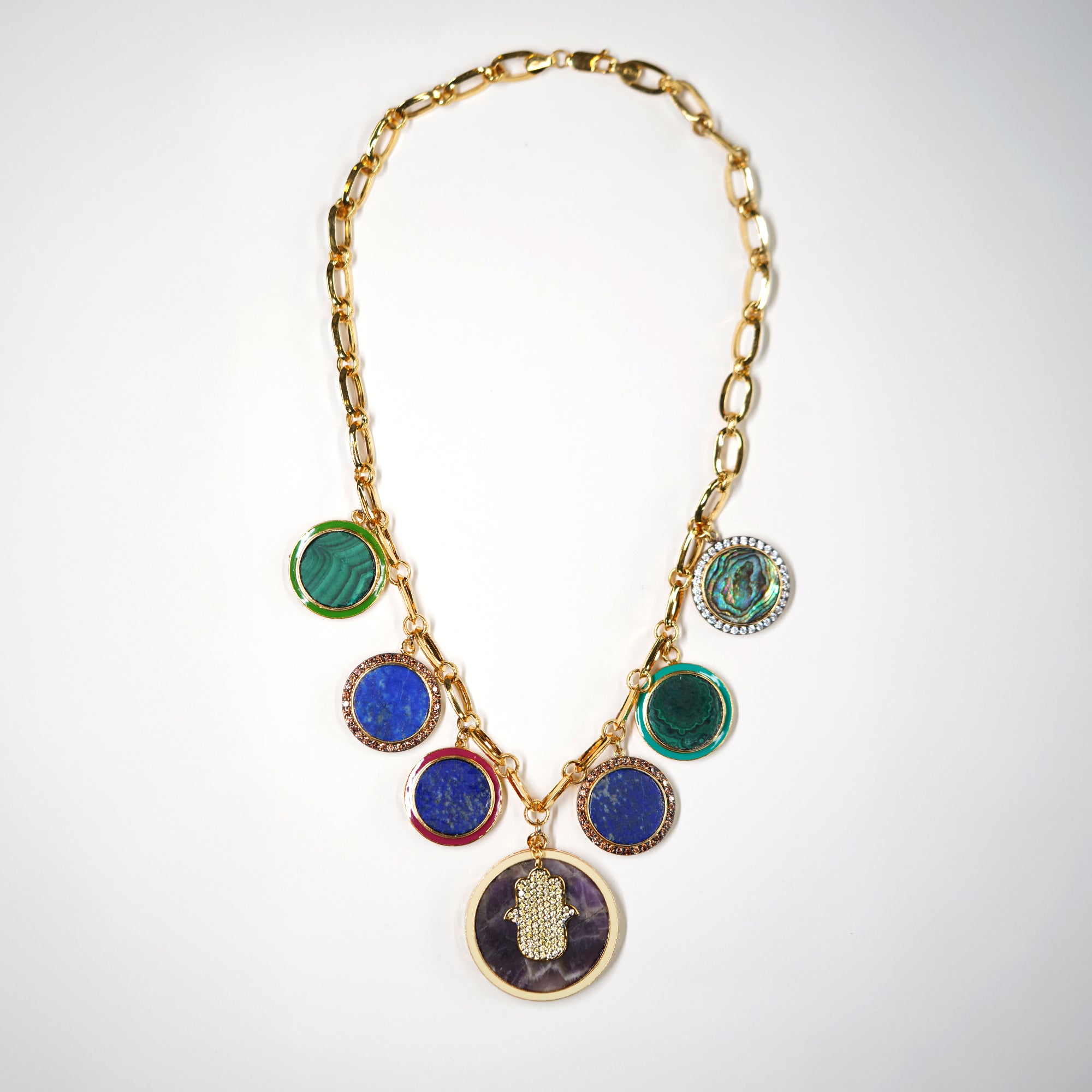 Natural Stone Discs with Hamsa Necklace