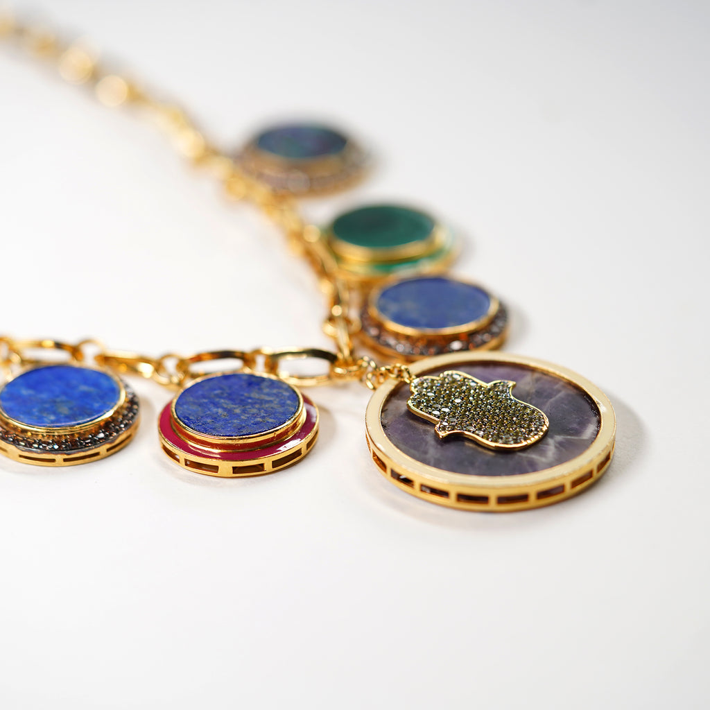 Natural Stone Discs with Hamsa Necklace