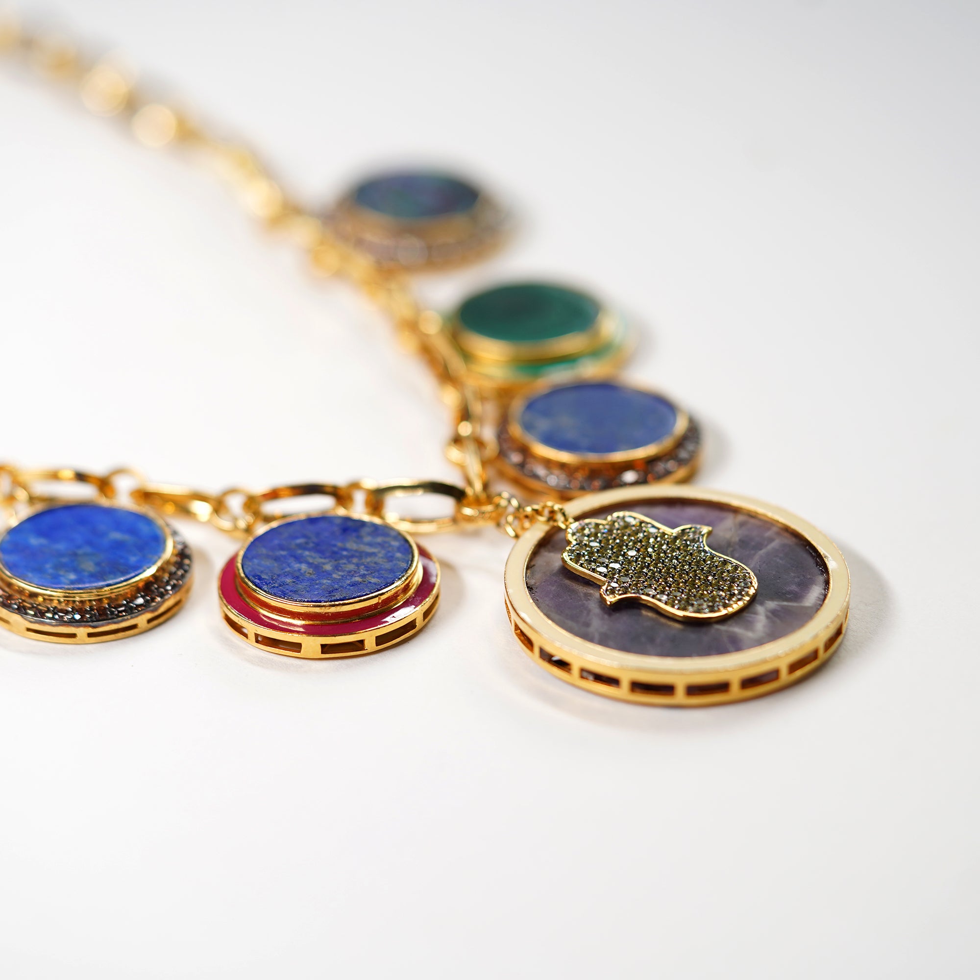 Natural Stone Discs with Hamsa Necklace