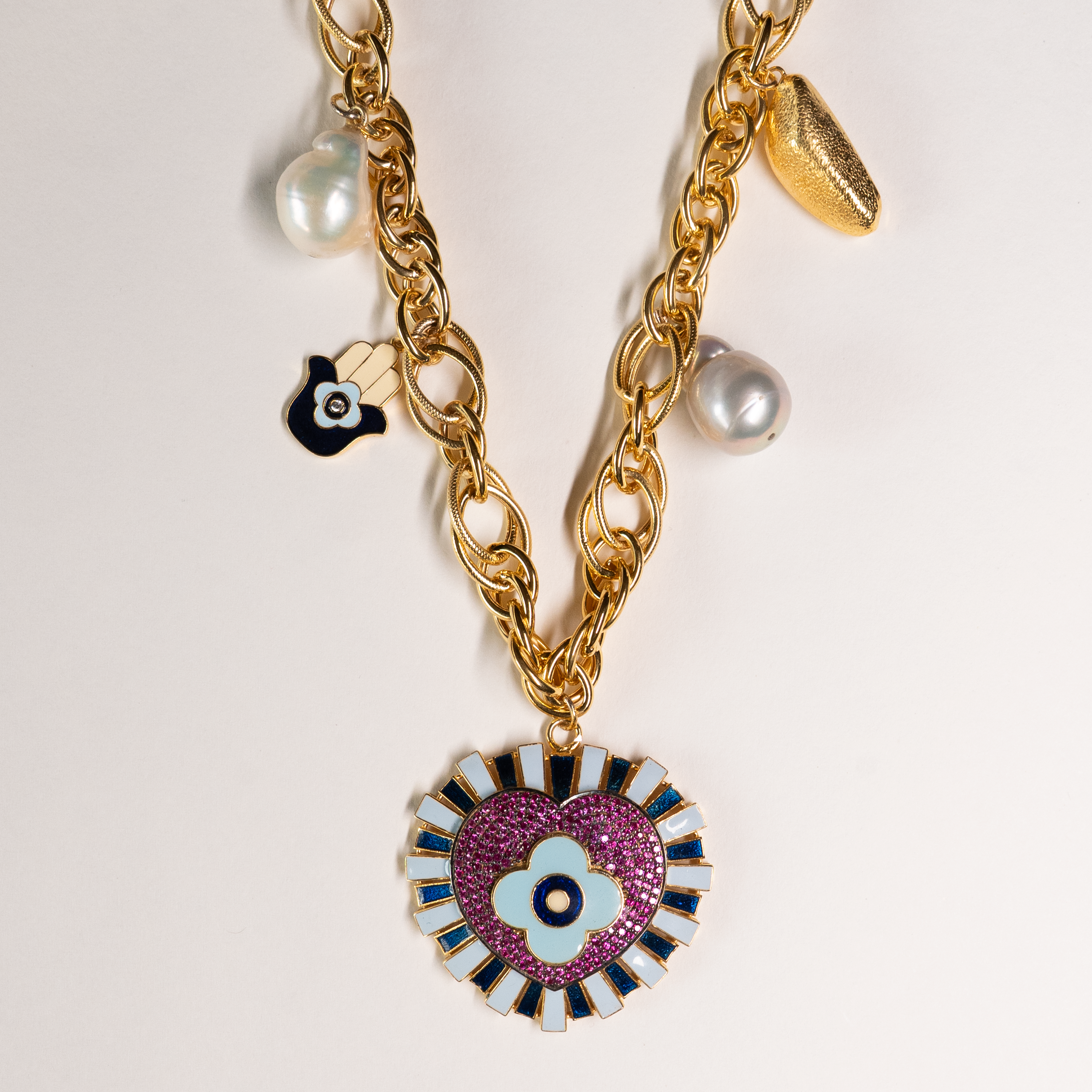 Hamsa & Clover Heart Charm Necklace in Silver Gold Polish