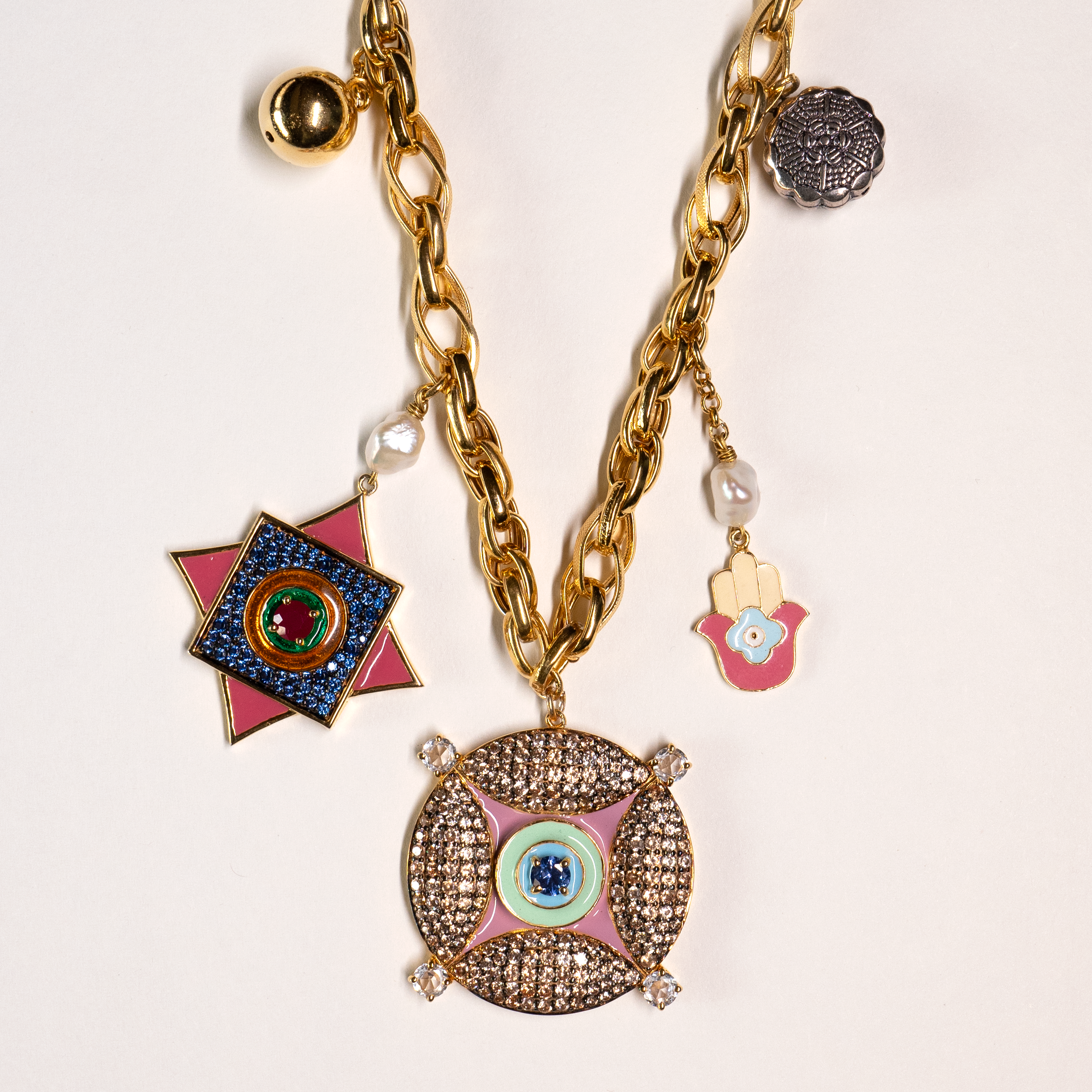 Elegant Evil Eye & Hamsa Charm Necklace with Pearl Accents
