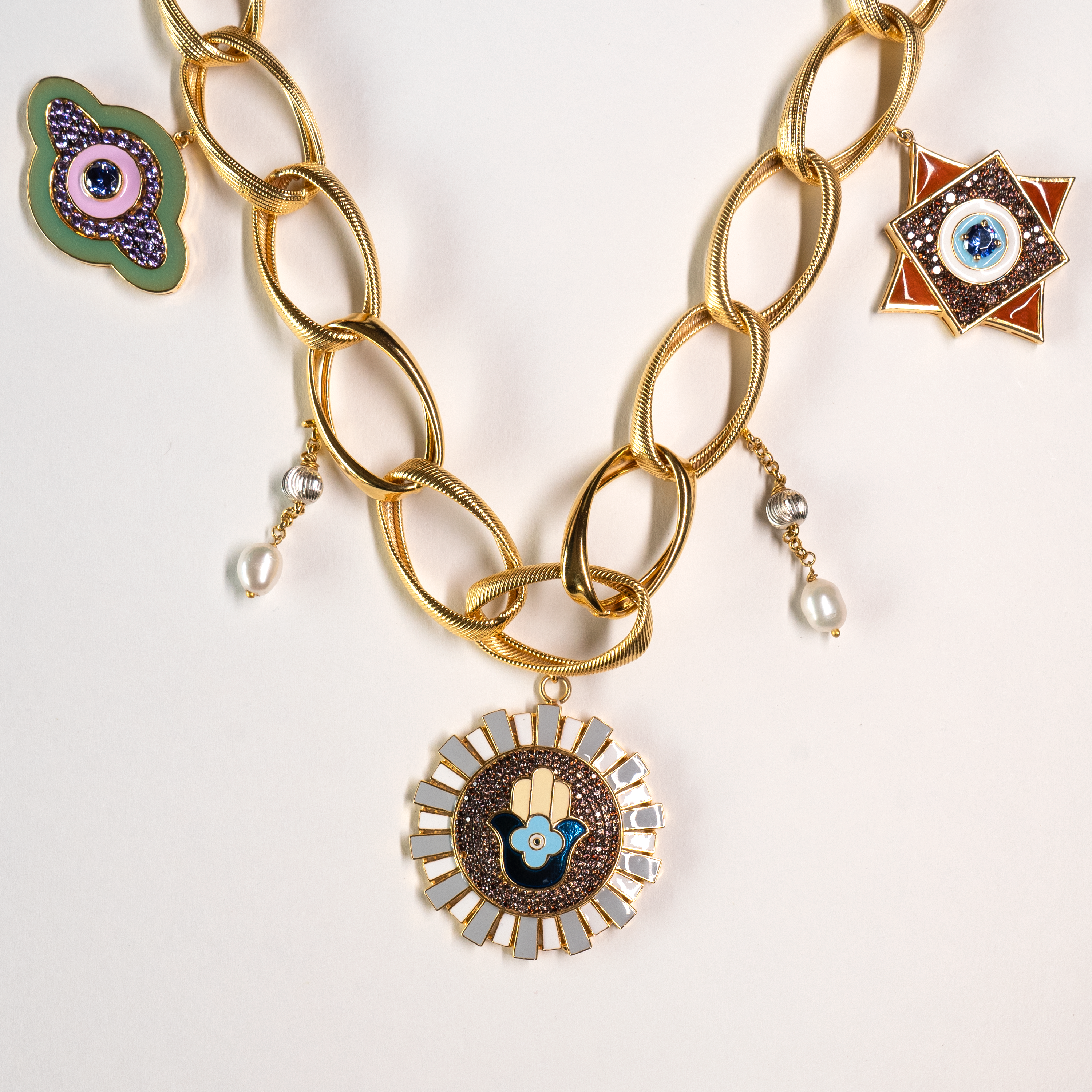 Designer Hamsa Hand & Evil Eye Charm Necklace in Silver Gold Polish