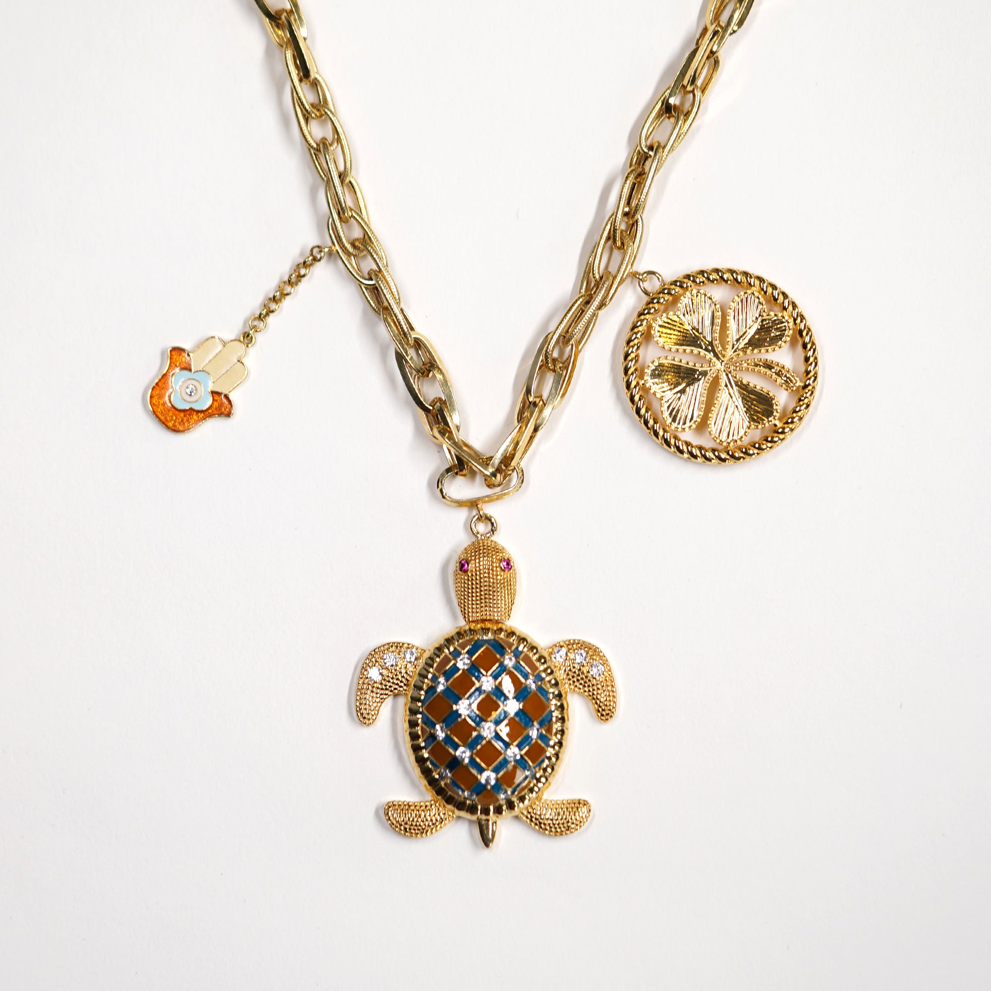 Turtle, Hamsa & Clover Charm Necklace in Silver Gold Polish