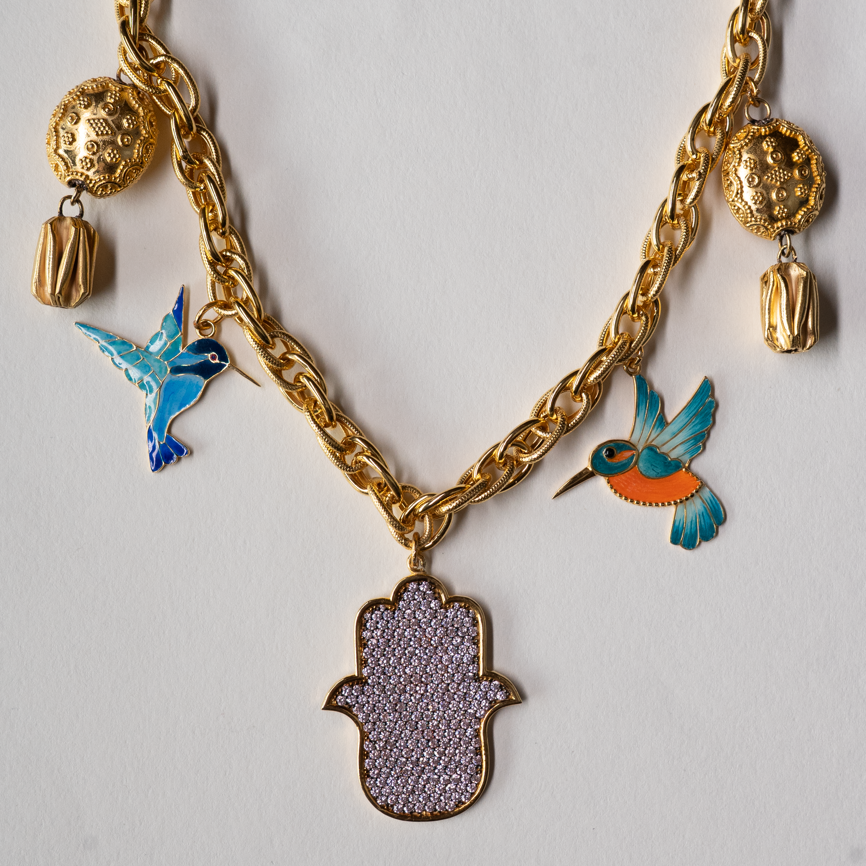 Enamel Hummingbird on Hamsa Pendant Necklace