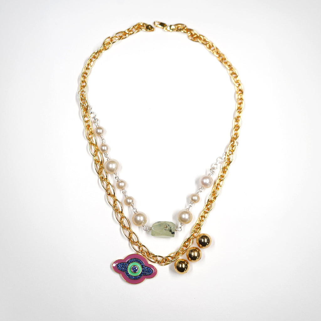 Dual-Layer Evil Eye with Jade, Pearls Necklace