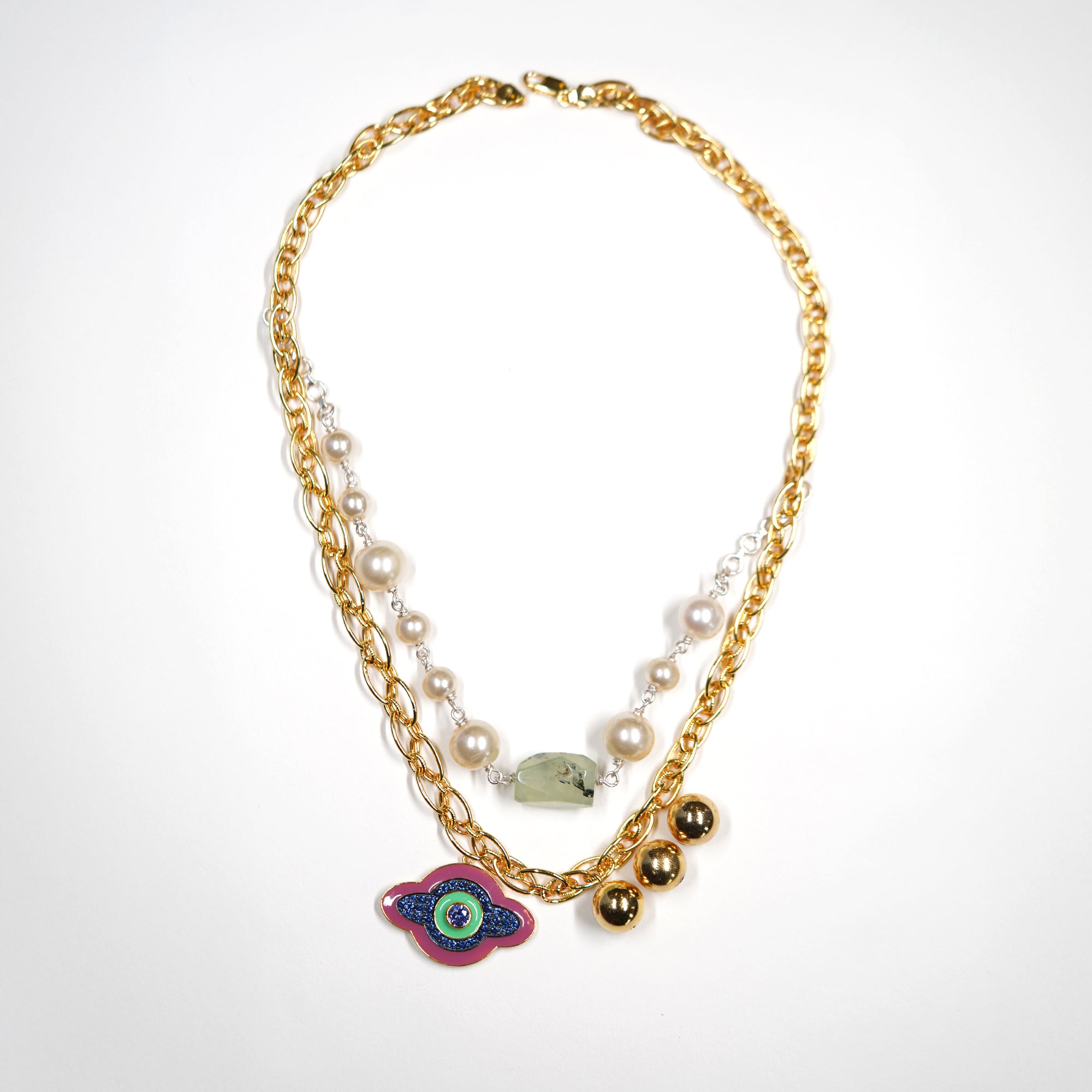 Dual-Layer Evil Eye with Jade, Pearls Necklace