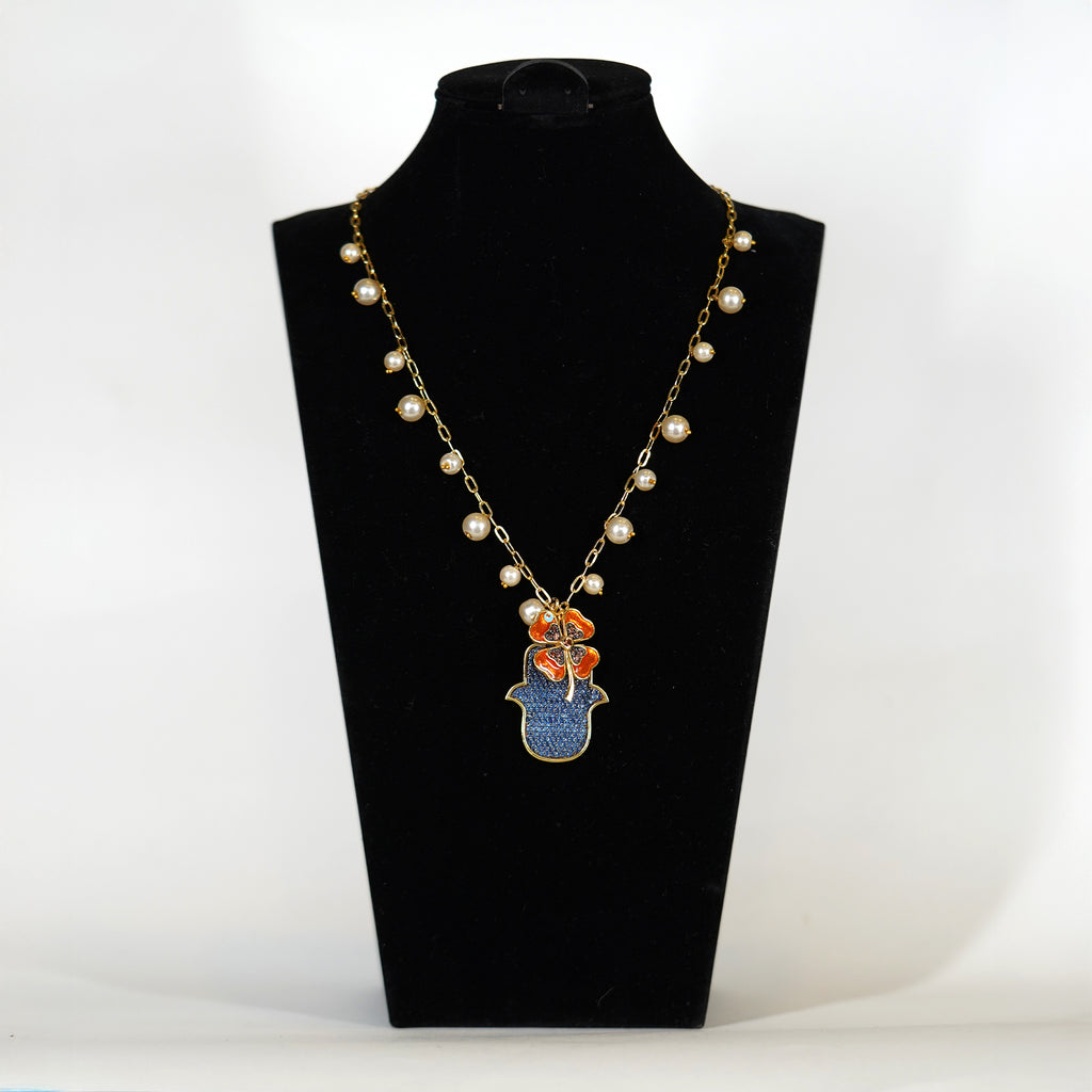 Hamsa Pendant with Enamel Clover, Pearl Drops Necklace