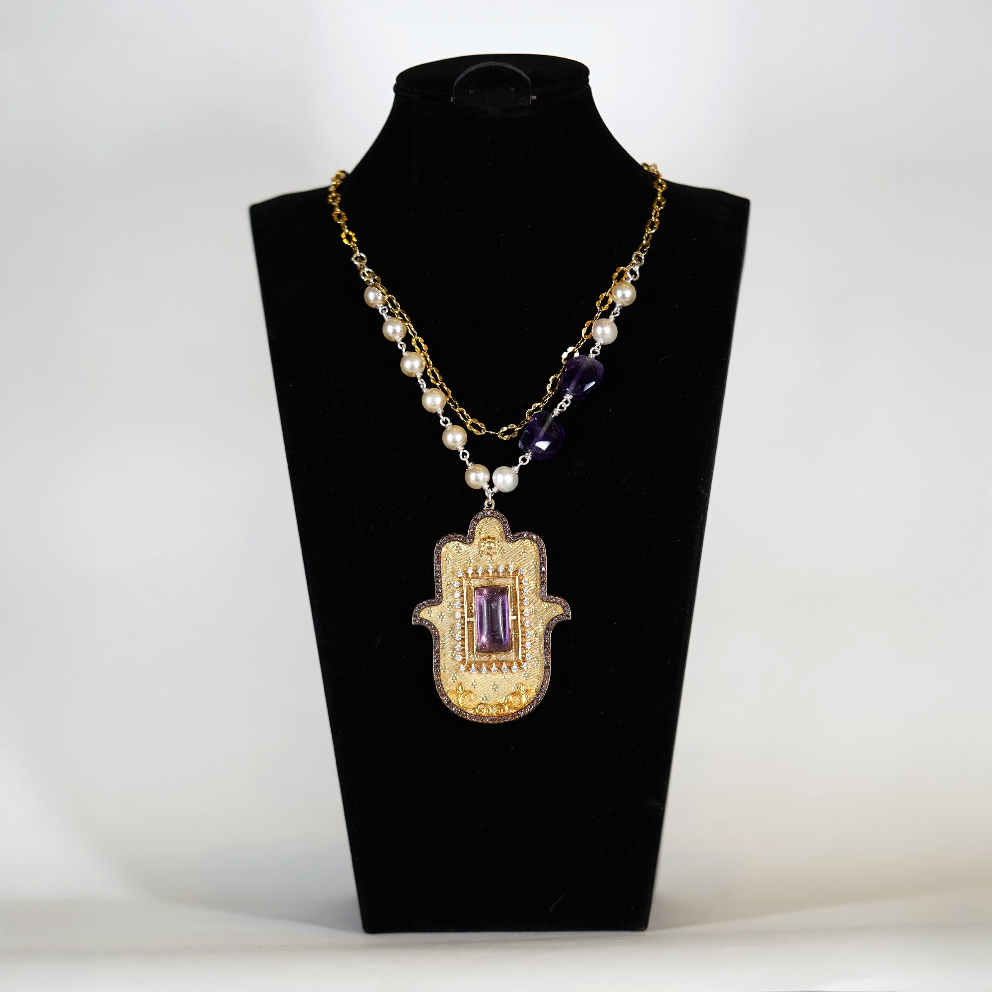 Amethyst Hamsa Pendant Layered Necklace