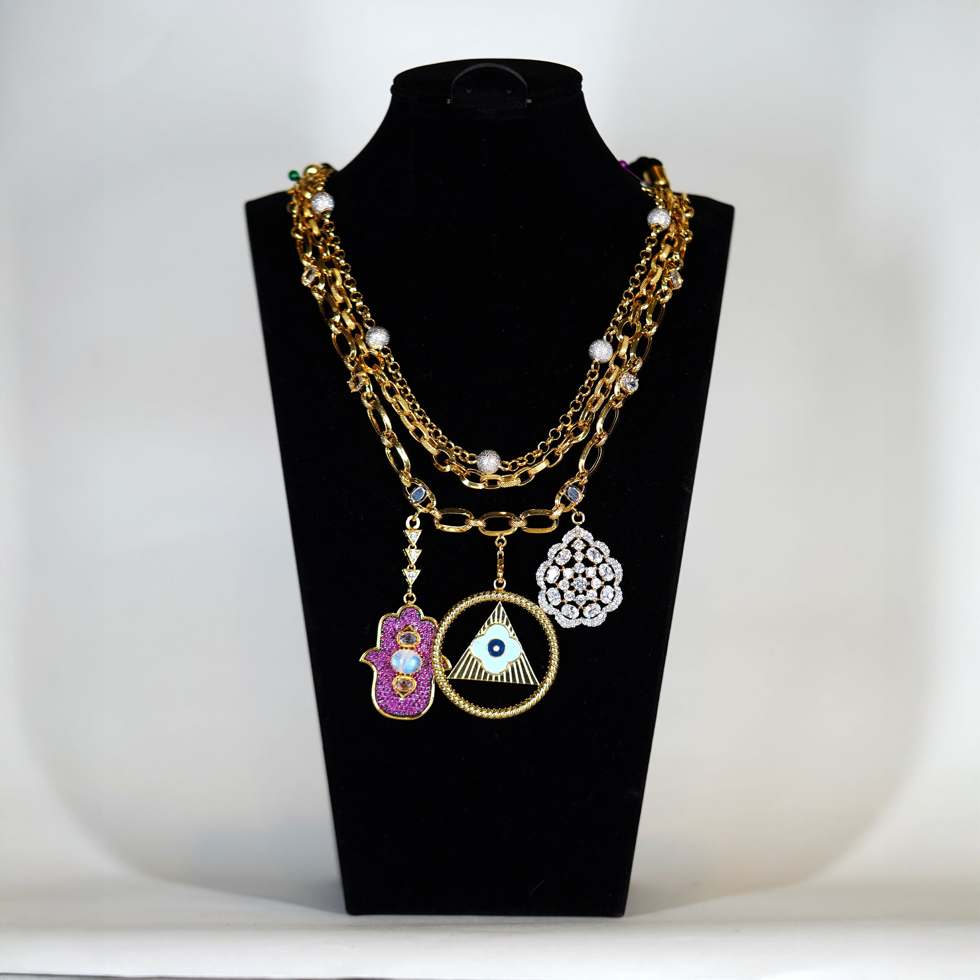 Layered Charm Necklace with Evil Eye & Hamsa