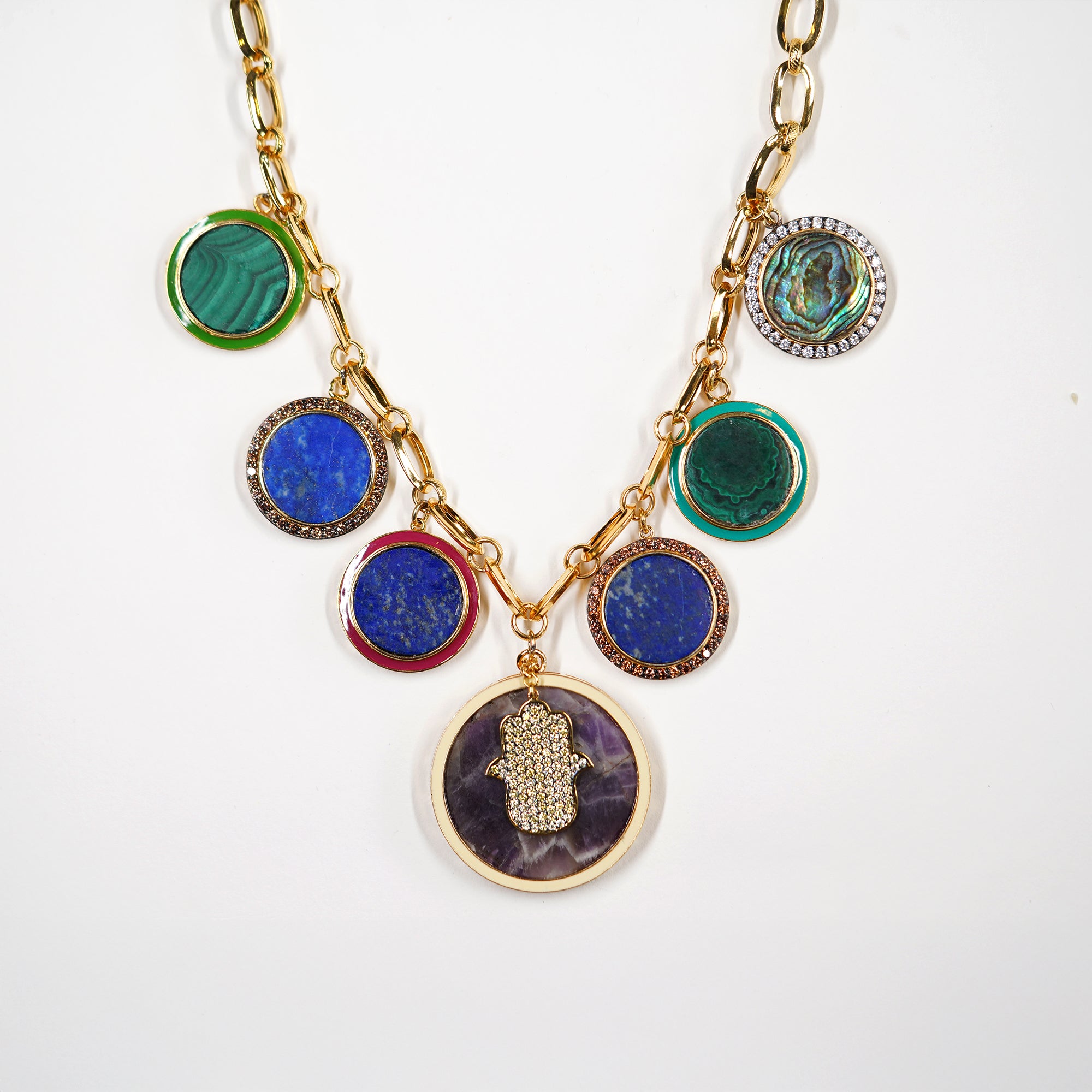 Natural Stone Discs with Hamsa Necklace